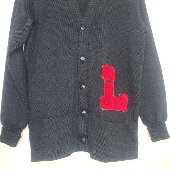 Vintage Letterman Cardigan 40s 50s HS Sweater Black Red Lafayette IN Unisex - Picture 3 of 7